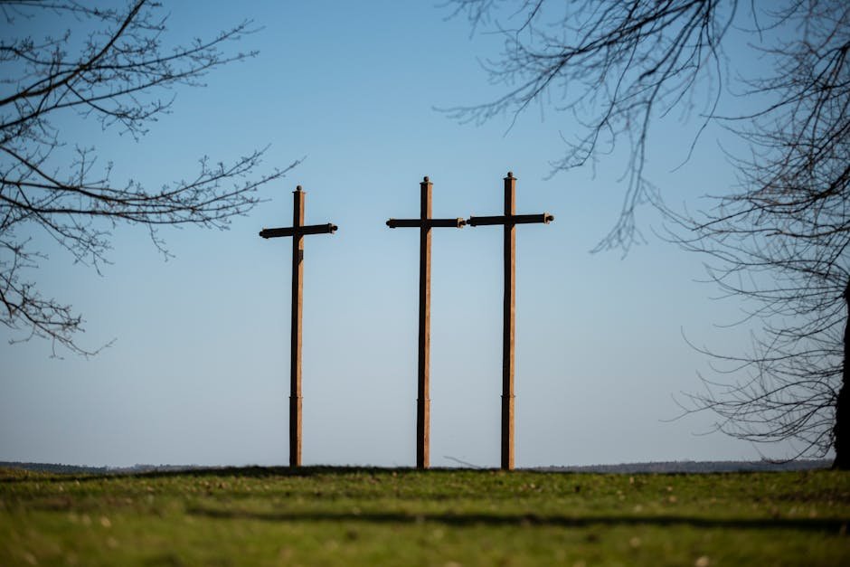 Peaceful landscape featuring three wooden crosses against a clear sky.